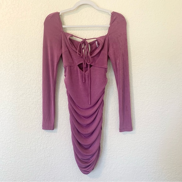 Princess Polly Dillon Ruched Cutout Long Sleeve Bodycon Mini Dress in Purple - Picture 2 of 5